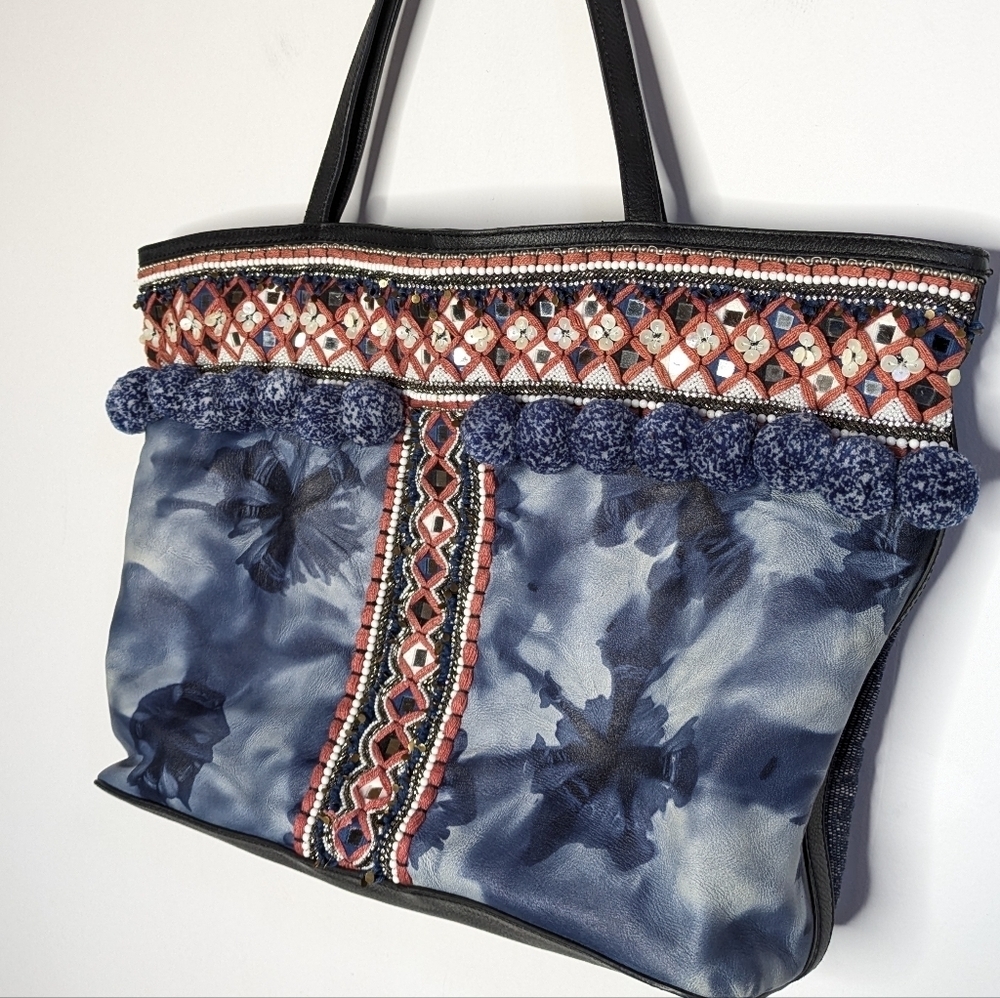 Rebecca Minkoff Dreamy Tote Blue Tie Dye Pom & Bead Cotton & Leather Bag - Picture 2 of 12